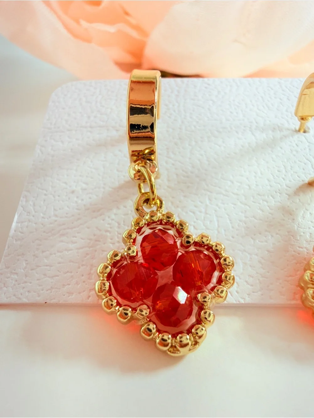 Gold Hoop Earrings with Red Crystal Clover Drops
